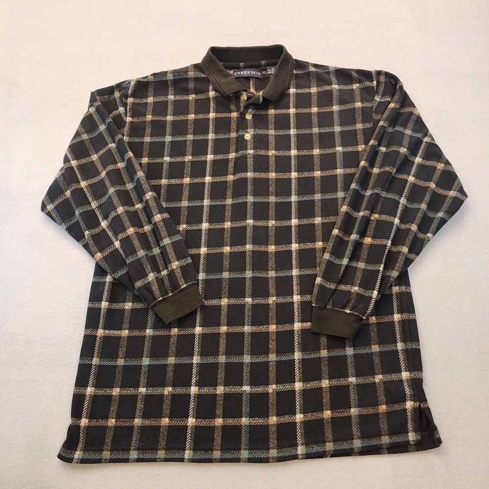 Chere Skin Mens M Long Sleeve Polo Shirt Plaid Check Black Casual